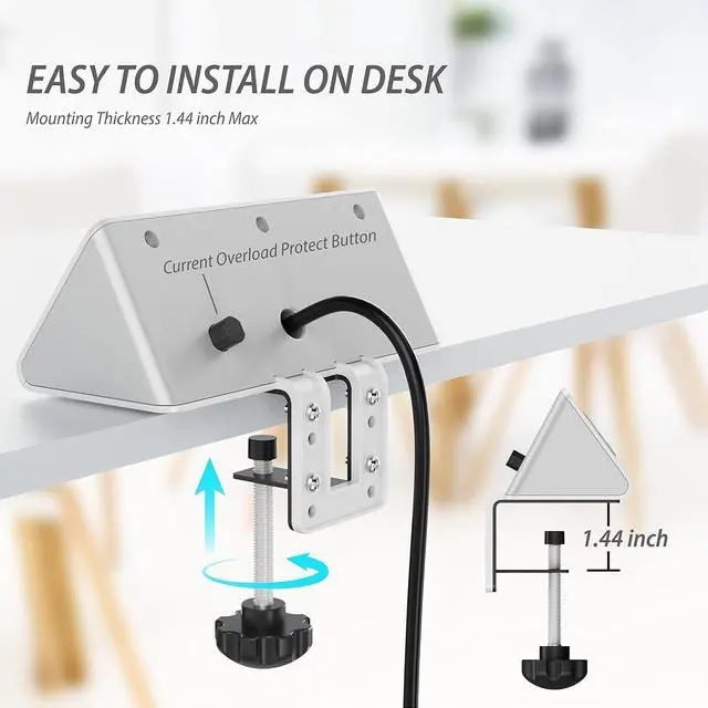 Alt view image 7 of 7 - Desk Edge Clamp Mount Power Strips with 4 USB Ports(1xPD 20W USB-C Port)& 3 AC Outlets,1875 Joules Tabletop Surge Protector, Power Sockets for Office Table/Hotel Nightstands,ETL Listed (1-Pack, White)