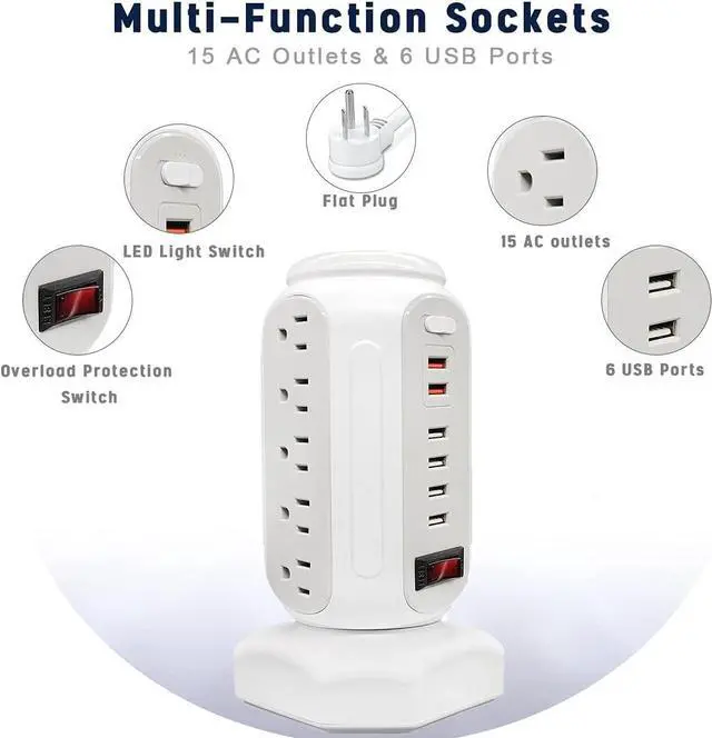 Alt view image 2 of 7 - Power Strip Tower with Colorful Night Light, 15 Outlets 6 USB Ports, CYAN BOX with USB Surge Protector Power Strip Tower & 6.5ft Flat Plug Extension Cord, Outlet Overload Protection for Home, Office.