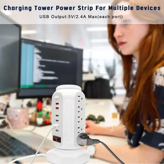 Alt view image 7 of 7 - Power Strip Tower with Colorful Night Light, 15 Outlets 6 USB Ports, CYAN BOX with USB Surge Protector Power Strip Tower & 6.5ft Flat Plug Extension Cord, Outlet Overload Protection for Home, Office.