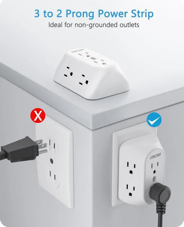 Alt view image 2 of 7 - LENCENT 2 Prong Power Strip, 3 to 2 Prong Grounding Outlet Adapter, Polarized Plug, Surge Protector, 3-Sided 6 Outlet Widely Spaced Extender, Mountable Wall tap for Non-Grounded Outlets, 3 Packs