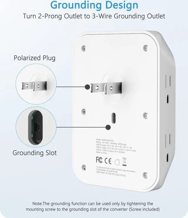Alt view image 3 of 7 - LENCENT 2 Prong Power Strip, 3 to 2 Prong Grounding Outlet Adapter, Polarized Plug, Surge Protector, 3-Sided 6 Outlet Widely Spaced Extender, Mountable Wall tap for Non-Grounded Outlets, 3 Packs