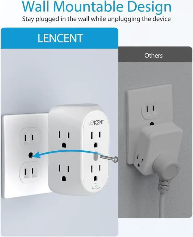 Alt view image 4 of 7 - LENCENT 2 Prong Power Strip, 3 to 2 Prong Grounding Outlet Adapter, Polarized Plug, Surge Protector, 3-Sided 6 Outlet Widely Spaced Extender, Mountable Wall tap for Non-Grounded Outlets, 3 Packs
