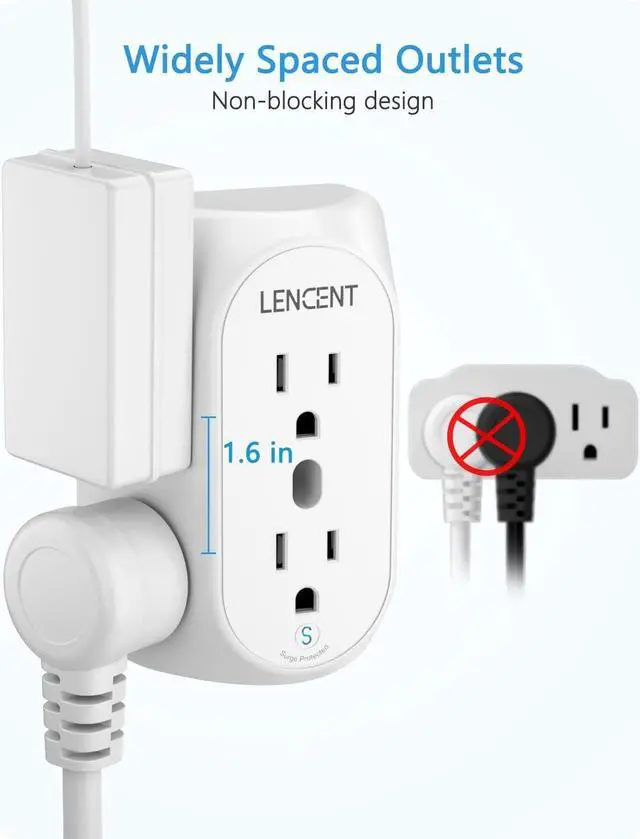Alt view image 6 of 7 - LENCENT 2 Prong Power Strip, 3 to 2 Prong Grounding Outlet Adapter, Polarized Plug, Surge Protector, 3-Sided 6 Outlet Widely Spaced Extender, Mountable Wall tap for Non-Grounded Outlets, 3 Packs