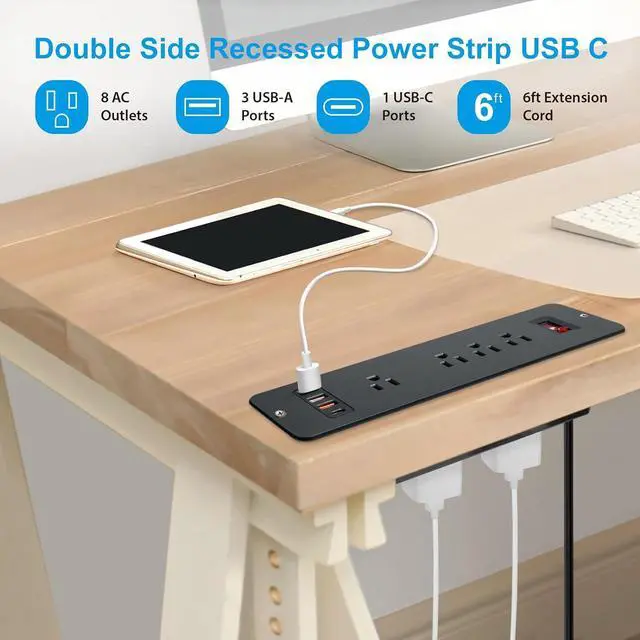Alt view image 3 of 7 - 8 Outlets Double Side Recessed Power Strip with USB C PD 20W, Flush Mount Fast Charge Desktop Power Extender Built in Under Desk Multiple Power Outlets Flat Plug for Furniture Table Cabinet Drawer