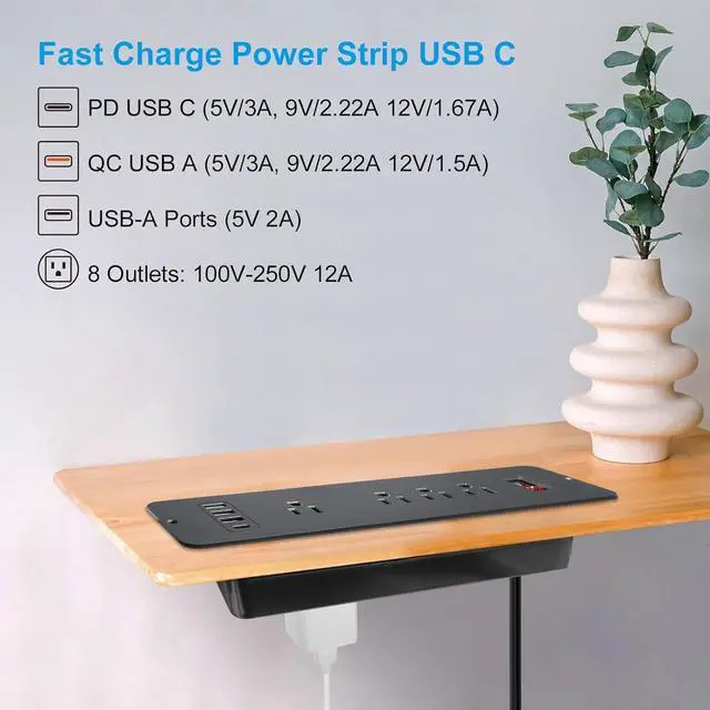 Alt view image 5 of 7 - 8 Outlets Double Side Recessed Power Strip with USB C PD 20W, Flush Mount Fast Charge Desktop Power Extender Built in Under Desk Multiple Power Outlets Flat Plug for Furniture Table Cabinet Drawer