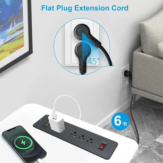 Alt view image 6 of 7 - 8 Outlets Double Side Recessed Power Strip with USB C PD 20W, Flush Mount Fast Charge Desktop Power Extender Built in Under Desk Multiple Power Outlets Flat Plug for Furniture Table Cabinet Drawer