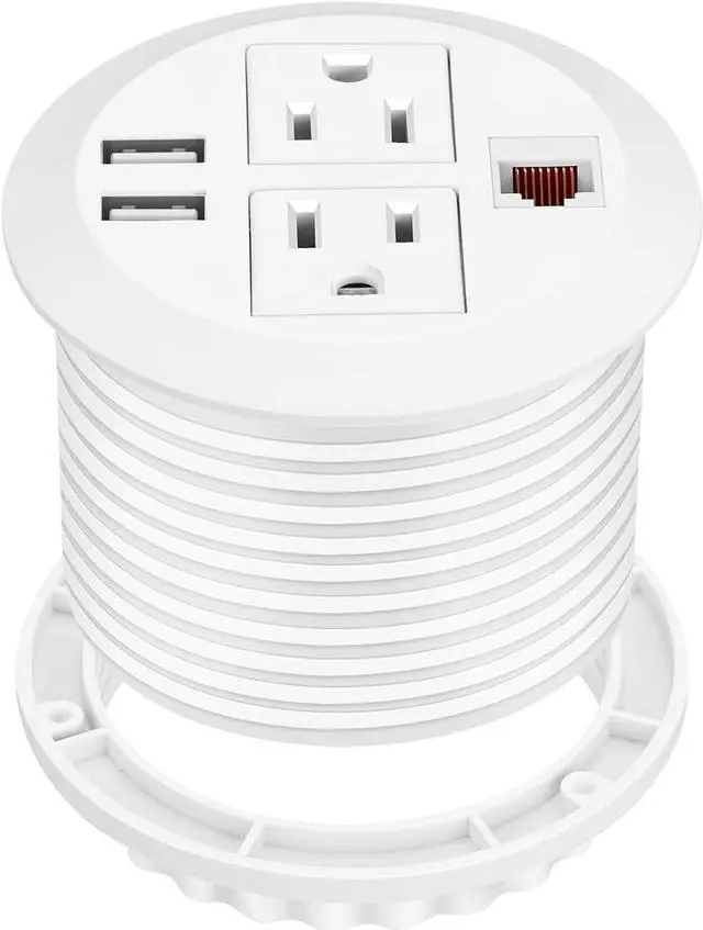 Main image of BTU Desktop Power Grommet with USB, 3 inch Hole Recessed Power Outlet, Flush Mount Power Strip Outlet with 2 AC Outlet & 2 USB Ports & 1 CAT6 & 10ft Power Cords for Table, Office, Home, Hotel, White