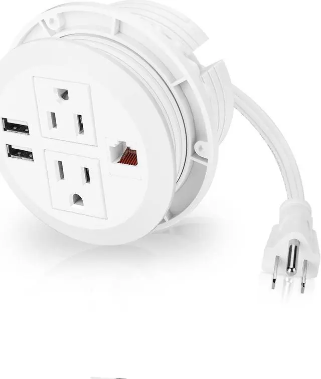 Alt view image 3 of 7 - BTU Desktop Power Grommet with USB, 3 inch Hole Recessed Power Outlet, Flush Mount Power Strip Outlet with 2 AC Outlet & 2 USB Ports & 1 CAT6 & 10ft Power Cords for Table, Office, Home, Hotel, White