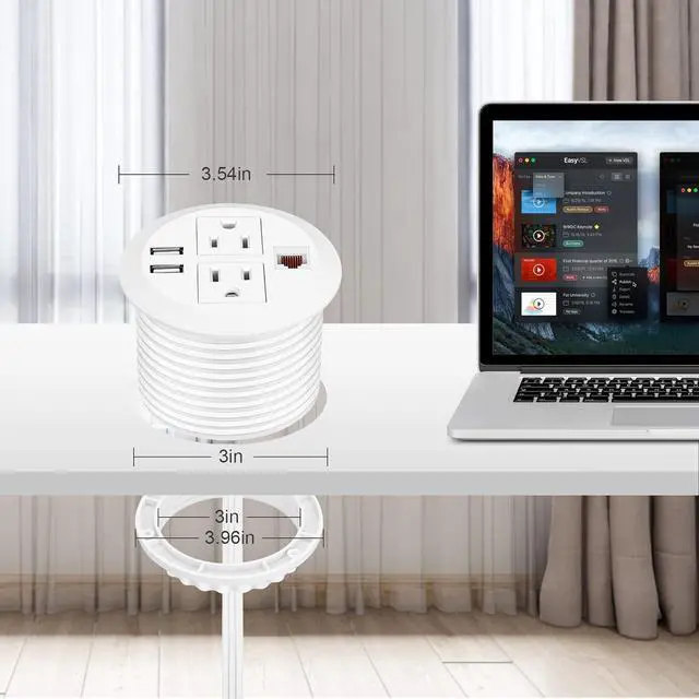 Alt view image 4 of 7 - BTU Desktop Power Grommet with USB, 3 inch Hole Recessed Power Outlet, Flush Mount Power Strip Outlet with 2 AC Outlet & 2 USB Ports & 1 CAT6 & 10ft Power Cords for Table, Office, Home, Hotel, White