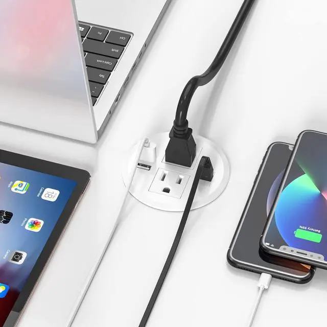 Alt view image 6 of 7 - BTU Desktop Power Grommet with USB, 3 inch Hole Recessed Power Outlet, Flush Mount Power Strip Outlet with 2 AC Outlet & 2 USB Ports & 1 CAT6 & 10ft Power Cords for Table, Office, Home, Hotel, White