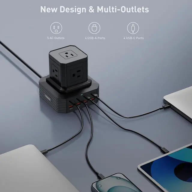 Alt view image 2 of 7 - Surge Protector Power Strip Tower Desktop Charging Station, 6.6Ft Extension Cord with 5 AC Outlets 8 USB Ports4 USB C  Power Tower Overload Protection for Home Office Dorm Room