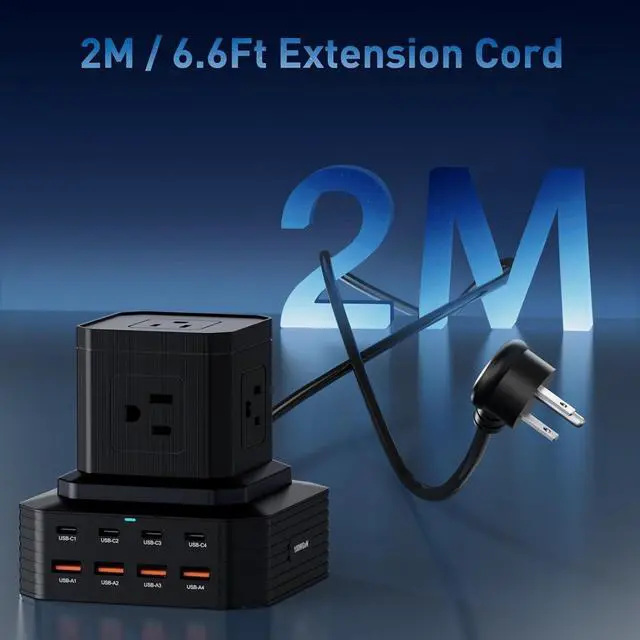 Alt view image 5 of 7 - Surge Protector Power Strip Tower Desktop Charging Station, 6.6Ft Extension Cord with 5 AC Outlets 8 USB Ports4 USB C  Power Tower Overload Protection for Home Office Dorm Room