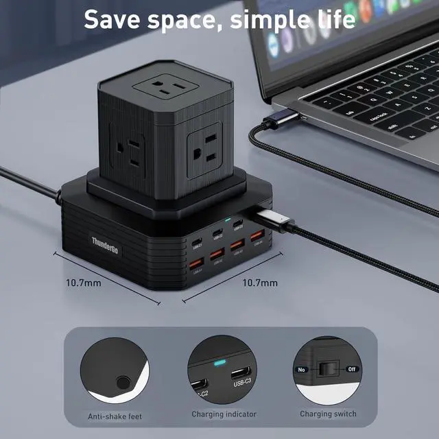 Alt view image 6 of 7 - Surge Protector Power Strip Tower Desktop Charging Station, 6.6Ft Extension Cord with 5 AC Outlets 8 USB Ports4 USB C  Power Tower Overload Protection for Home Office Dorm Room