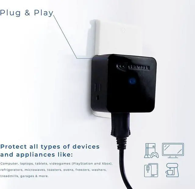 Alt view image 4 of 7 - Clamper 3-Outlet Surge Protector 1800 Joules, 1875W, for TV, PC, Xbox, PS5, Refrigerators and Other Appliances (Compact Wall Surge Protector), iCLAMPER Power 3, 1-Pack Black