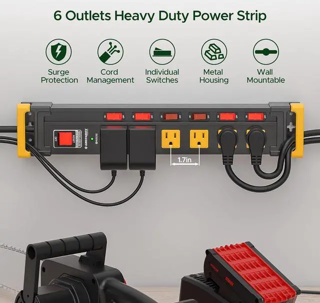 Alt view image 2 of 6 - 6 Outlet Heavy Duty 3300J Surge Protector Power Strip with Individual Switches,Metal Mountable Power Strip with Flat Plug,Cord Manage,Wall Mount,6F Cord,Wide Spaced,ETL Listed(15A/1875W)