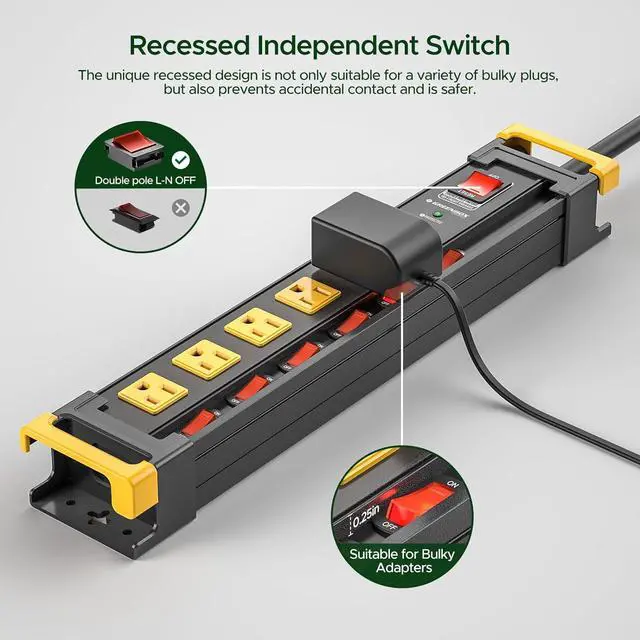Alt view image 3 of 6 - 6 Outlet Heavy Duty 3300J Surge Protector Power Strip with Individual Switches,Metal Mountable Power Strip with Flat Plug,Cord Manage,Wall Mount,6F Cord,Wide Spaced,ETL Listed(15A/1875W)