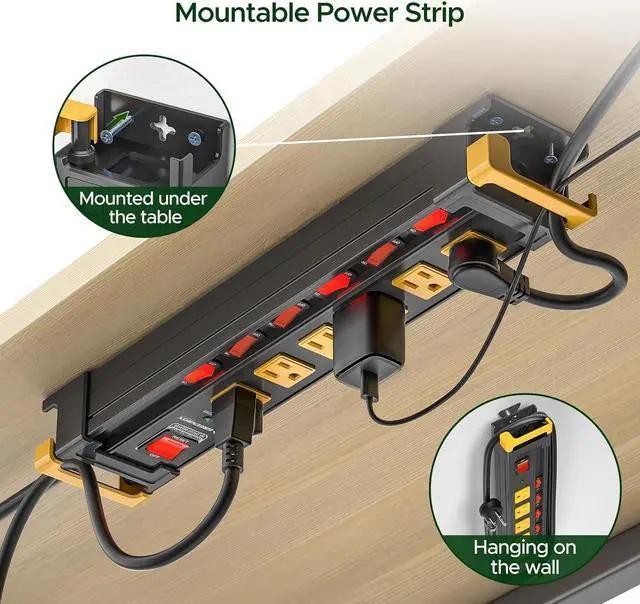 Alt view image 4 of 6 - 6 Outlet Heavy Duty 3300J Surge Protector Power Strip with Individual Switches,Metal Mountable Power Strip with Flat Plug,Cord Manage,Wall Mount,6F Cord,Wide Spaced,ETL Listed(15A/1875W)