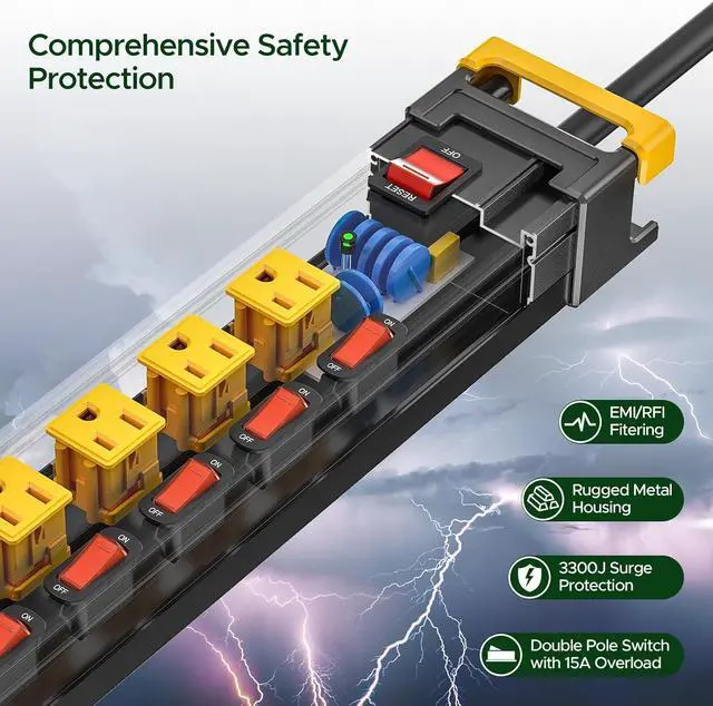 Alt view image 5 of 6 - 6 Outlet Heavy Duty 3300J Surge Protector Power Strip with Individual Switches,Metal Mountable Power Strip with Flat Plug,Cord Manage,Wall Mount,6F Cord,Wide Spaced,ETL Listed(15A/1875W)