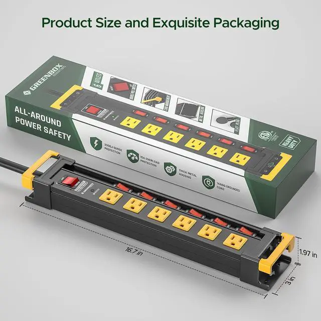 Alt view image 6 of 6 - 6 Outlet Heavy Duty 3300J Surge Protector Power Strip with Individual Switches,Metal Mountable Power Strip with Flat Plug,Cord Manage,Wall Mount,6F Cord,Wide Spaced,ETL Listed(15A/1875W)