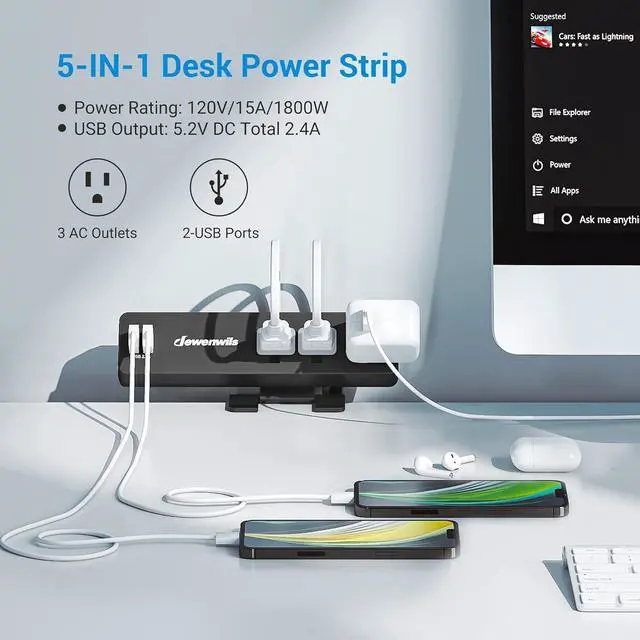 Alt view image 2 of 7 - DEWENWILS Desk Clamp Power Strip, Desktop Power Station with 3 AC Outlets(15A/1800W), 2 USB Ports, Desk Mount Power Outlet for Home, Office, 6Ft 14/3C SJT Extension Cord