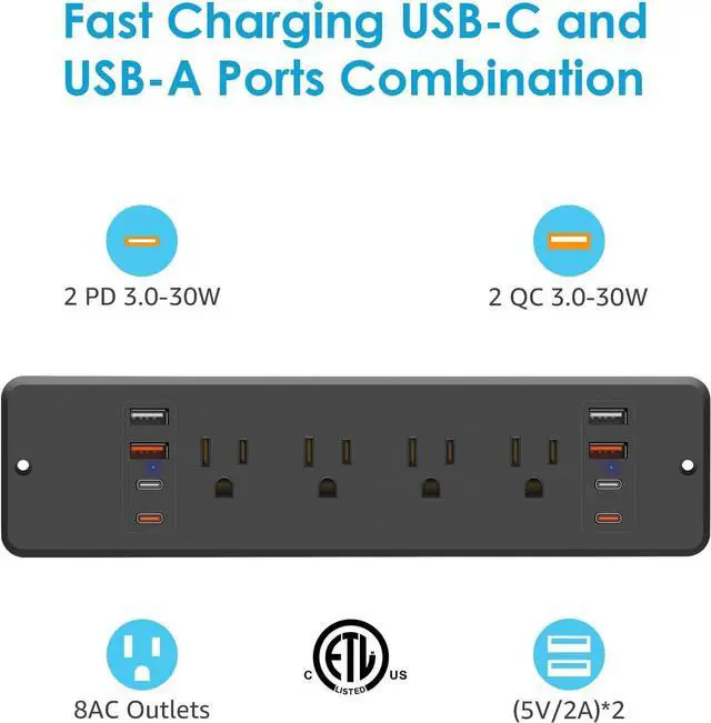 Alt view image 2 of 7 - 8 Outlet Recessed Power Strip, 30W Fast Charging Furniture Power Outlet USB C, 4 USB-A and 4 USB-C, 6ft Power Cord.