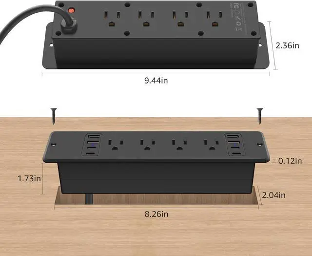 Alt view image 5 of 7 - 8 Outlet Recessed Power Strip, 30W Fast Charging Furniture Power Outlet USB C, 4 USB-A and 4 USB-C, 6ft Power Cord.