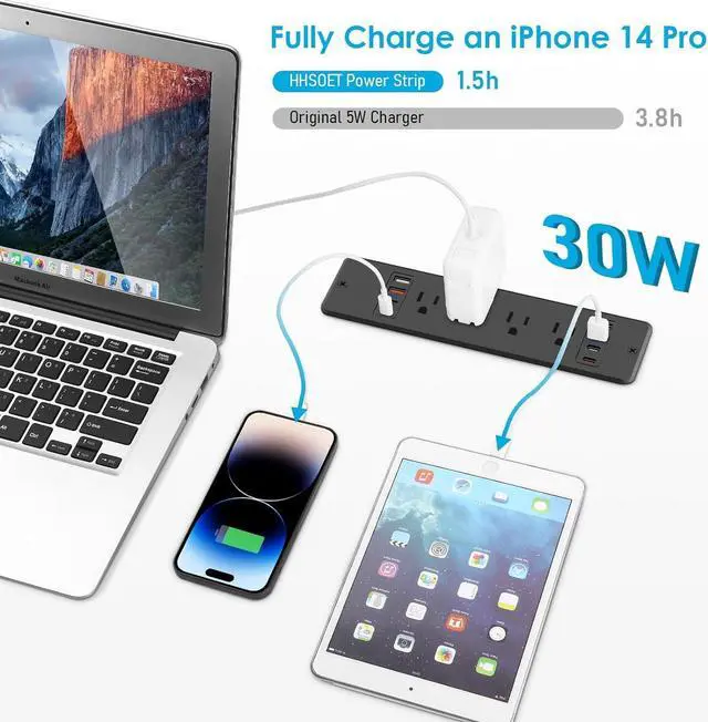 Alt view image 3 of 7 - 8 Outlet Recessed Power Strip, 30W Fast Charging Furniture Power Outlet USB C, 4 USB-A and 4 USB-C, 6ft Power Cord.