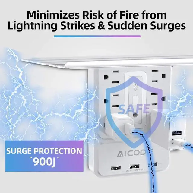 Alt view image 6 of 7 - Socket Outlet Shelf,Wall Outlet Surge Protector,6 Electrical Outlet Splitter with 3 USB Outlet,Multi Plug Outlet,Charging Shelf,Outlet Expander with 6 Nightlight for Home