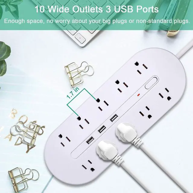 Alt view image 2 of 6 - 2 Prong Power Strip Surge Protector(1700J) White,Polarized 2 Prong to 3 Prong with 10 AC outlets and 3 USB Ports,Wide Spaced for Bigger Plug,Long Cord(6.5ft) for Old House with Non-Grounded outlets