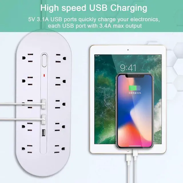 Alt view image 4 of 6 - 2 Prong Power Strip Surge Protector(1700J) White,Polarized 2 Prong to 3 Prong with 10 AC outlets and 3 USB Ports,Wide Spaced for Bigger Plug,Long Cord(6.5ft) for Old House with Non-Grounded outlets