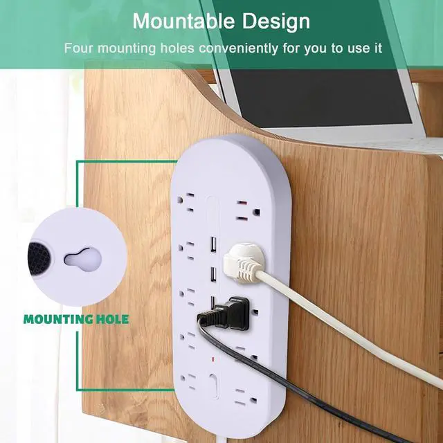 Alt view image 5 of 6 - 2 Prong Power Strip Surge Protector(1700J) White,Polarized 2 Prong to 3 Prong with 10 AC outlets and 3 USB Ports,Wide Spaced for Bigger Plug,Long Cord(6.5ft) for Old House with Non-Grounded outlets