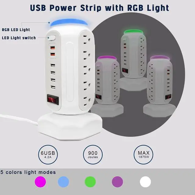 Alt view image 3 of 7 - Power Strip Tower with Colorful Night Light, 15 Outlets 6 USB Ports, CYAN BOX with USB Surge Protector Power Strip Tower & 6.5ft Flat Plug Extension Cord, Outlet Overload Protection for Home, Office.