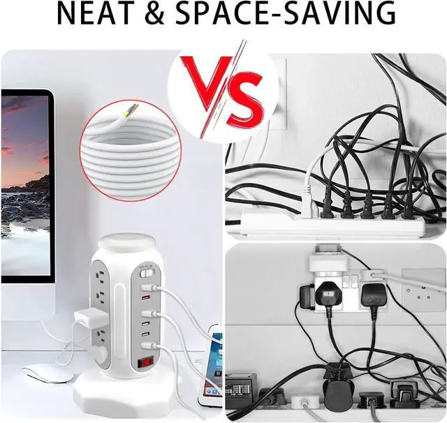 Alt view image 4 of 7 - Power Strip Tower with Colorful Night Light, 15 Outlets 6 USB Ports, CYAN BOX with USB Surge Protector Power Strip Tower & 6.5ft Flat Plug Extension Cord, Outlet Overload Protection for Home, Office.