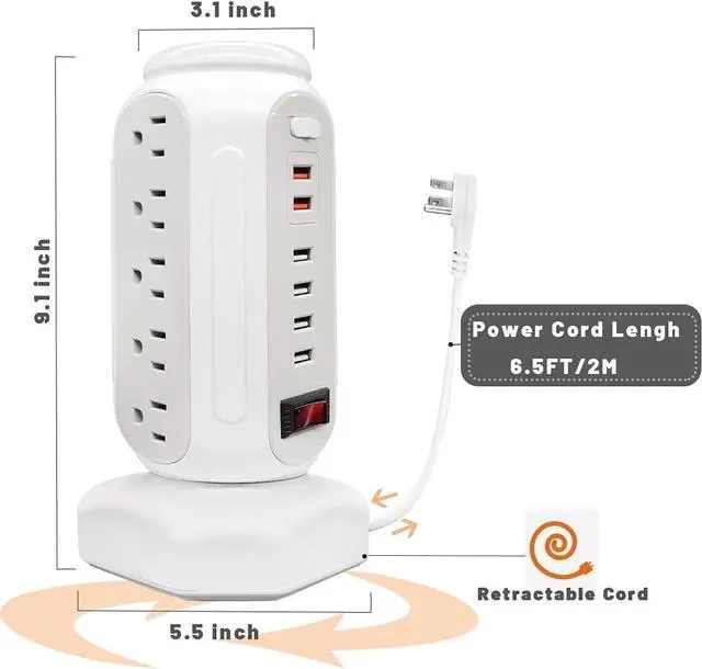 Alt view image 5 of 7 - Power Strip Tower with Colorful Night Light, 15 Outlets 6 USB Ports, CYAN BOX with USB Surge Protector Power Strip Tower & 6.5ft Flat Plug Extension Cord, Outlet Overload Protection for Home, Office.