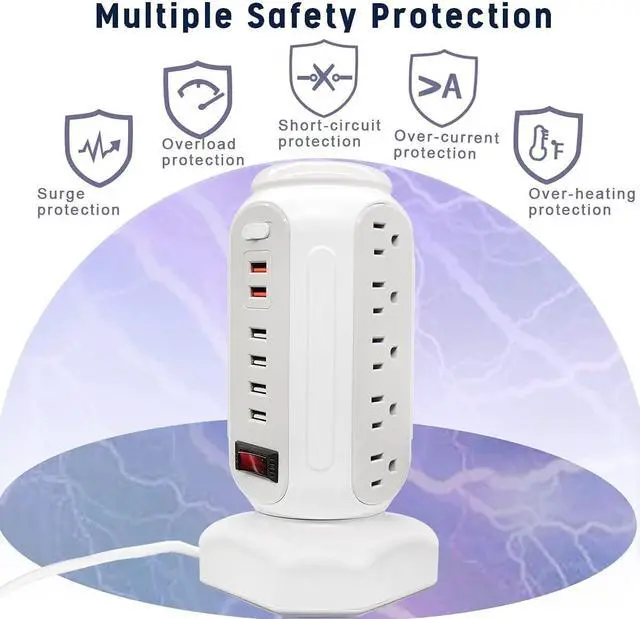 Alt view image 6 of 7 - Power Strip Tower with Colorful Night Light, 15 Outlets 6 USB Ports, CYAN BOX with USB Surge Protector Power Strip Tower & 6.5ft Flat Plug Extension Cord, Outlet Overload Protection for Home, Office.