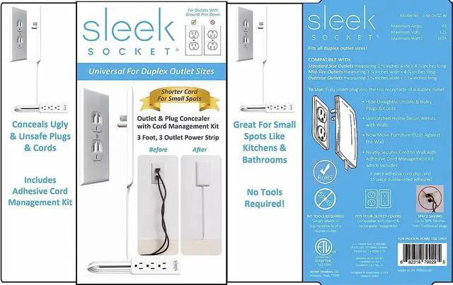 Alt view image 7 of 7 - Sleek Socket - The Original & Patented Ultra-Thin Outlet Concealer with Cord Concealer Kit, 3 Outlet, 3-Foot Cord, Universal Size, UL Certified (Ideal for Kitchens, Small Spots & Behind Furniture)