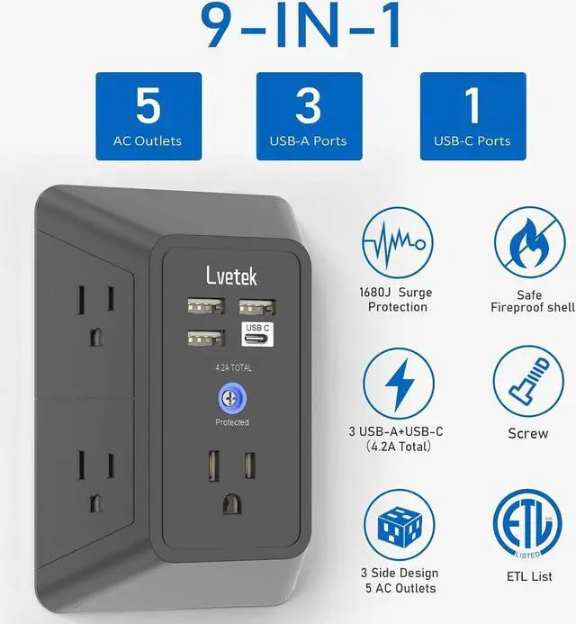 Alt view image 2 of 7 - Surge Protector Outlet with 5-Multi Plug Outlet and 4 USB Ports (1 USB C), 3-Sided 1680J Power Strip Wall Charger for Home, Travel, Office - ETL Listed, Black