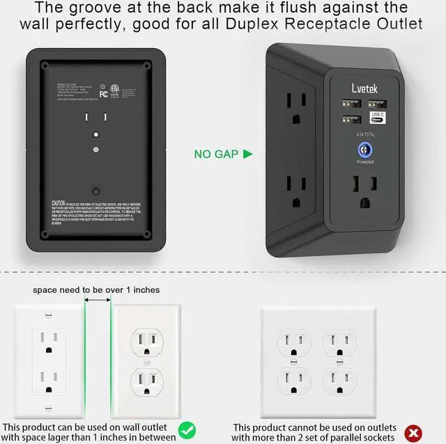 Alt view image 5 of 7 - Surge Protector Outlet with 5-Multi Plug Outlet and 4 USB Ports (1 USB C), 3-Sided 1680J Power Strip Wall Charger for Home, Travel, Office - ETL Listed, Black
