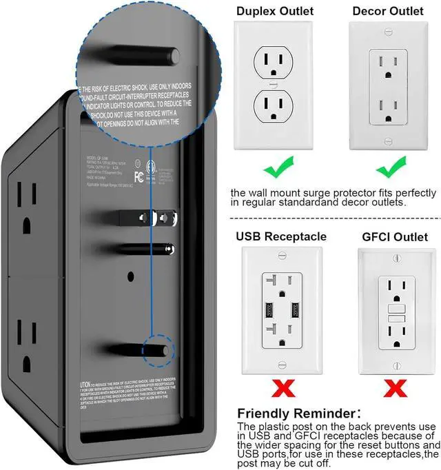 Alt view image 6 of 7 - Surge Protector Outlet with 5-Multi Plug Outlet and 4 USB Ports (1 USB C), 3-Sided 1680J Power Strip Wall Charger for Home, Travel, Office - ETL Listed, Black