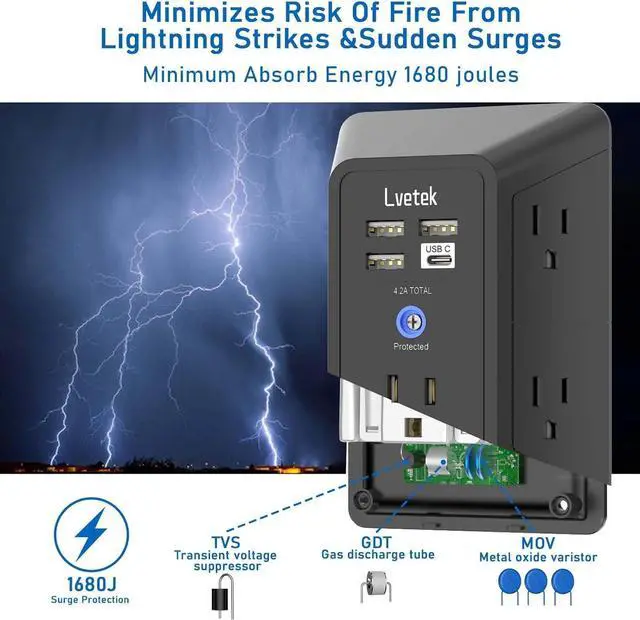 Alt view image 7 of 7 - Surge Protector Outlet with 5-Multi Plug Outlet and 4 USB Ports (1 USB C), 3-Sided 1680J Power Strip Wall Charger for Home, Travel, Office - ETL Listed, Black