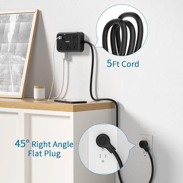 Alt view image 7 of 7 - 2 Pack Power Strip with 6 Outlets(2 Side) and 4 USB, NTONPOWER Flat Plug Extension Cord 5 Ft, Overload Protection, Wall Mount, Compact Size Charging Station for Office Desk, Nightstand and Travel
