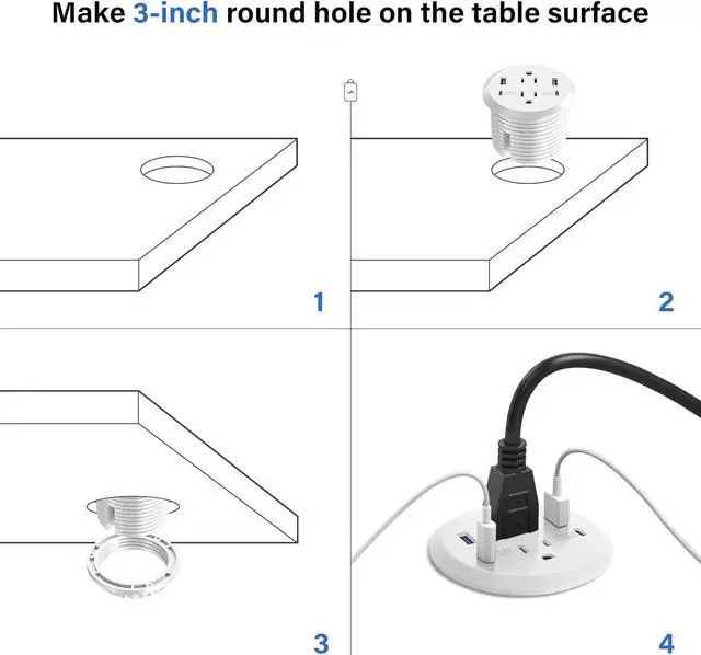 Alt view image 5 of 7 - Desktop Power Grommet, 65W USB C Fast Charging Port, Flush Mount Recessed Power Strip 3-inch Hole,2 Outlets,4 USB Ports, Countertop Outlet (White, 65W USB Port)