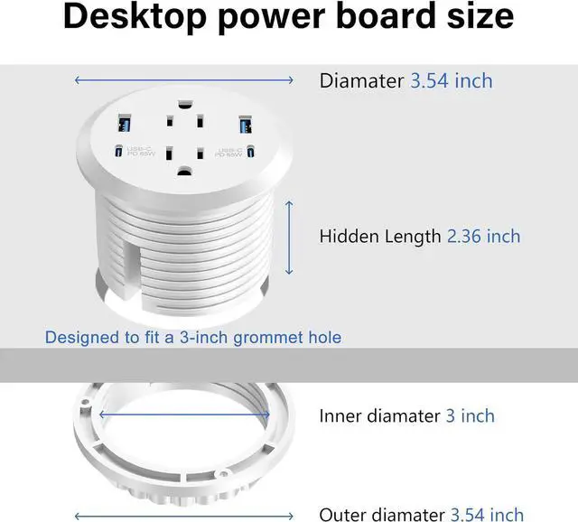 Alt view image 6 of 7 - Desktop Power Grommet, 65W USB C Fast Charging Port, Flush Mount Recessed Power Strip 3-inch Hole,2 Outlets,4 USB Ports, Countertop Outlet (White, 65W USB Port)