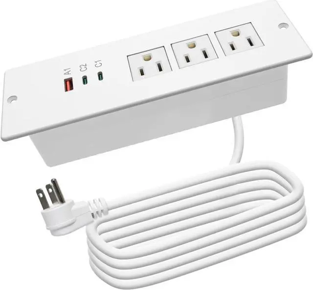 Main image of Recessed Power Strip USB C 65W,Flush Mount Desk Power Outlet 3 Outlets 3 USB (PD 65W& QC60W,) 6.0ft Heavy Duty Power Cord with Flat Plug Fast Charge Built in Desktop Power Station for Furniture White