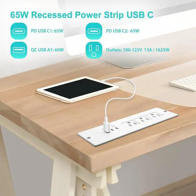 Alt view image 2 of 7 - Recessed Power Strip USB C 65W,Flush Mount Desk Power Outlet 3 Outlets 3 USB (PD 65W& QC60W,) 6.0ft Heavy Duty Power Cord with Flat Plug Fast Charge Built in Desktop Power Station for Furniture White