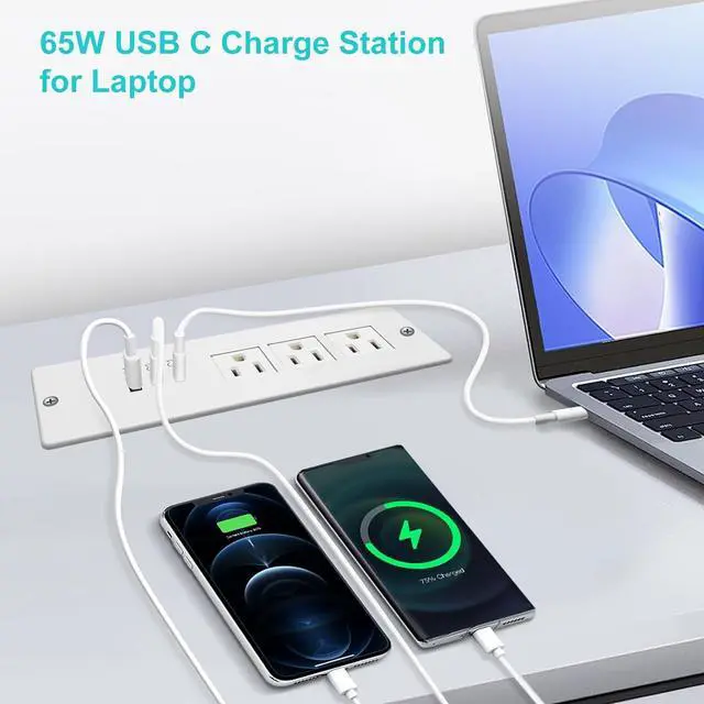 Alt view image 4 of 7 - Recessed Power Strip USB C 65W,Flush Mount Desk Power Outlet 3 Outlets 3 USB (PD 65W& QC60W,) 6.0ft Heavy Duty Power Cord with Flat Plug Fast Charge Built in Desktop Power Station for Furniture White