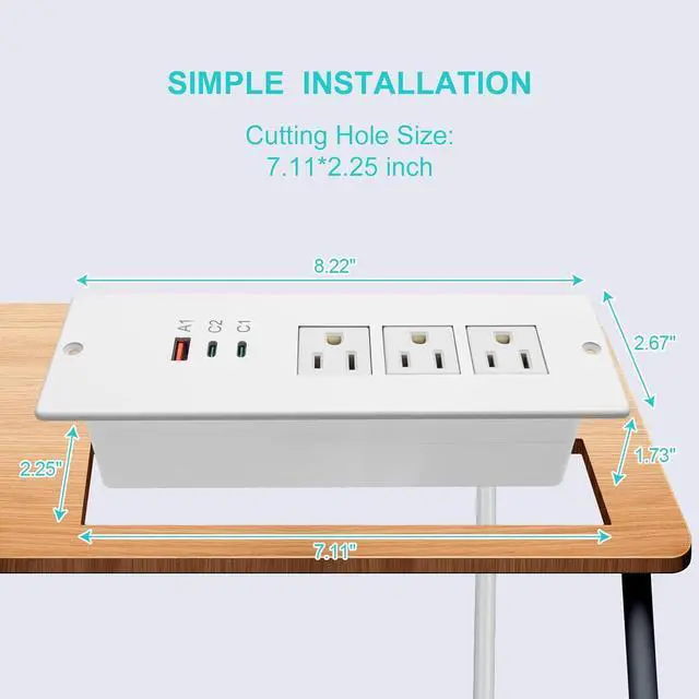 Alt view image 6 of 7 - Recessed Power Strip USB C 65W,Flush Mount Desk Power Outlet 3 Outlets 3 USB (PD 65W& QC60W,) 6.0ft Heavy Duty Power Cord with Flat Plug Fast Charge Built in Desktop Power Station for Furniture White