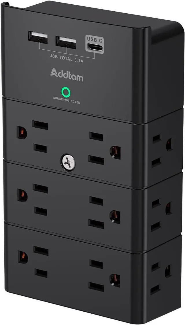Main image of Multi Plug Outlet - Addtam Surge Protector Wall Mount with 12 Outlet Extender- 3 Sides and 3 USB Ports (1 USB-C), Outlet Splitter Power Strip for Home, Office, Hotel, Black