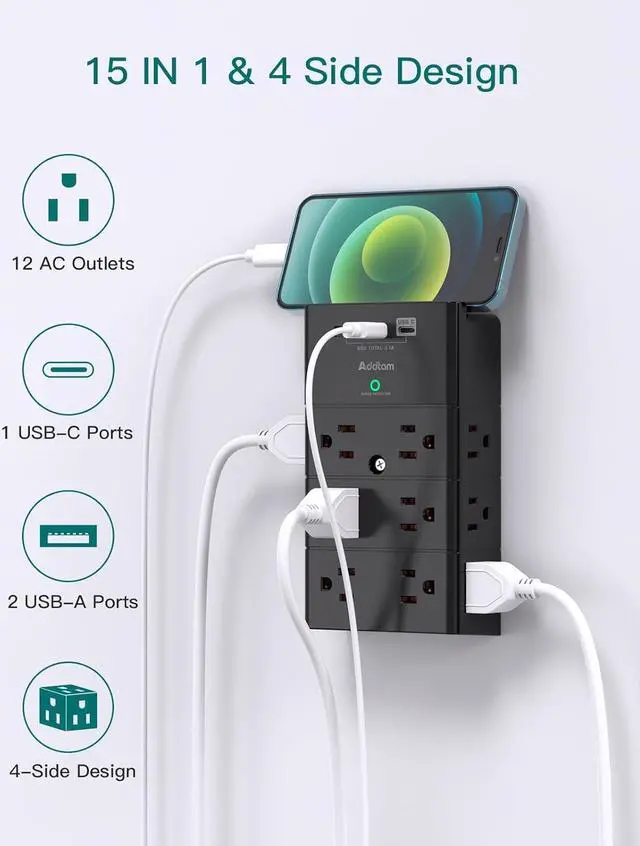Alt view image 2 of 7 - Multi Plug Outlet - Addtam Surge Protector Wall Mount with 12 Outlet Extender- 3 Sides and 3 USB Ports (1 USB-C), Outlet Splitter Power Strip for Home, Office, Hotel, Black