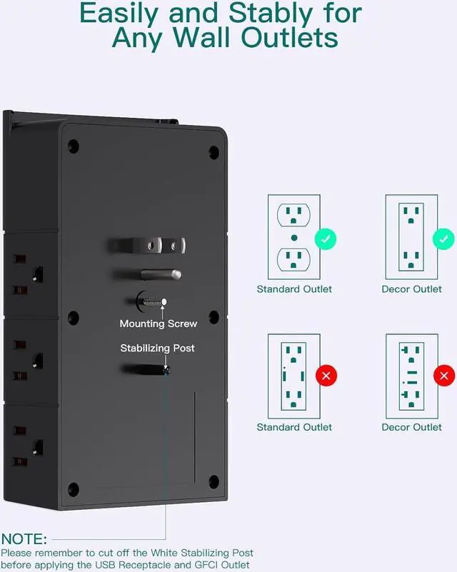 Alt view image 4 of 7 - Multi Plug Outlet - Addtam Surge Protector Wall Mount with 12 Outlet Extender- 3 Sides and 3 USB Ports (1 USB-C), Outlet Splitter Power Strip for Home, Office, Hotel, Black